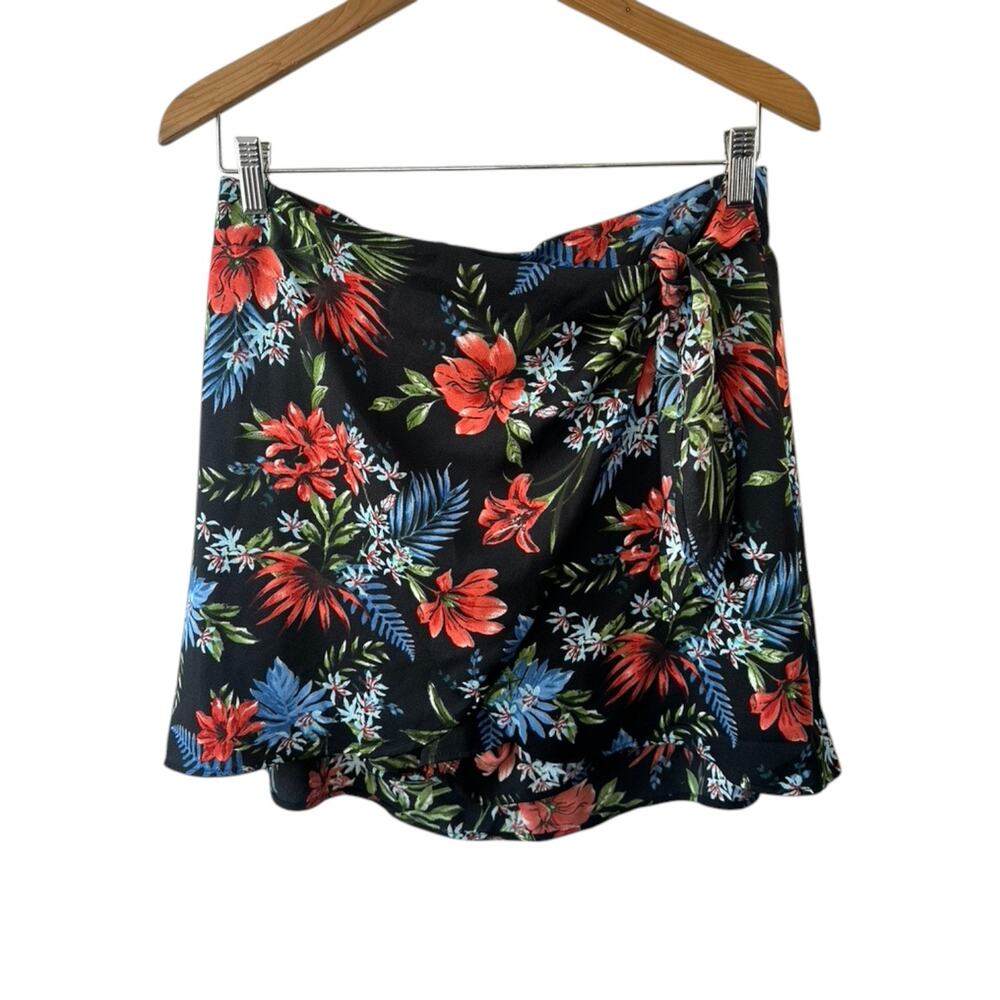 DR2 Daniel Rainn Black Floral Hawaiian Faux Wrap Skort Women's Size Large NEW